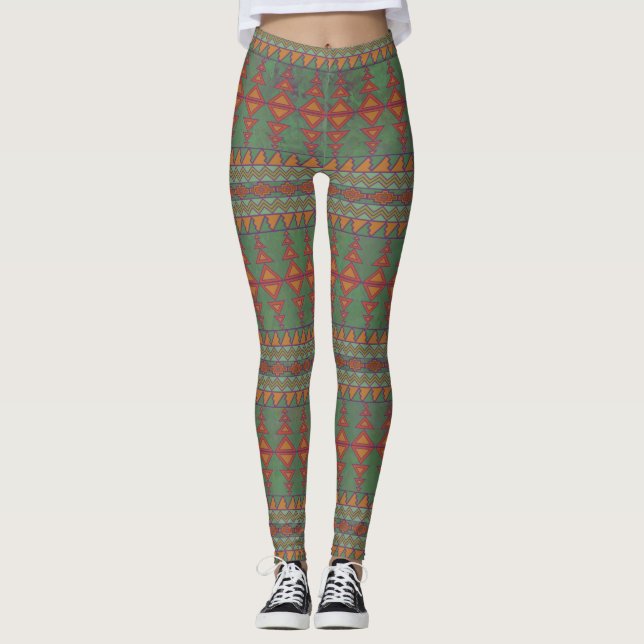 Southwest Sagebrush Green Geometric Design Leggings (Front)