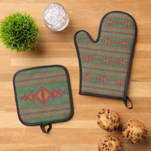 Southwest Sagebrush Green Geometric Design Oven Mitt & Pot Holder Set