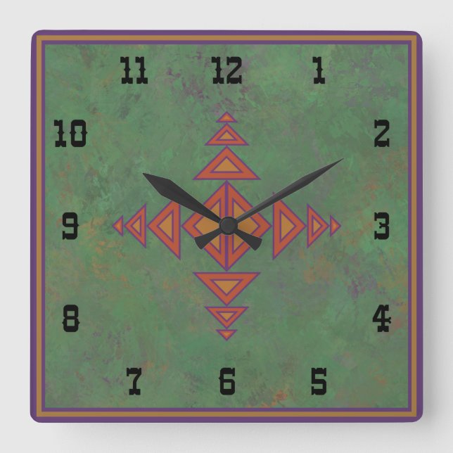 Southwest Sagebrush Green Geometric Western Style Square Wall Clock (Front)