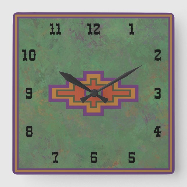 Southwest Sagebrush Green Geometric Western Style Square Wall Clock (Front)