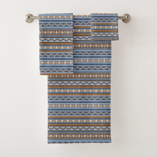 Southwest Style Blue and Brown Geometric Pattern Bath Towel Set (Insitu)