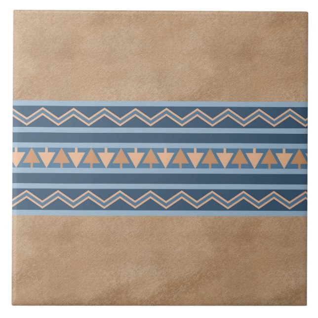 Southwest Style Blue and Brown Geometric Pattern Ceramic Tile (Front)