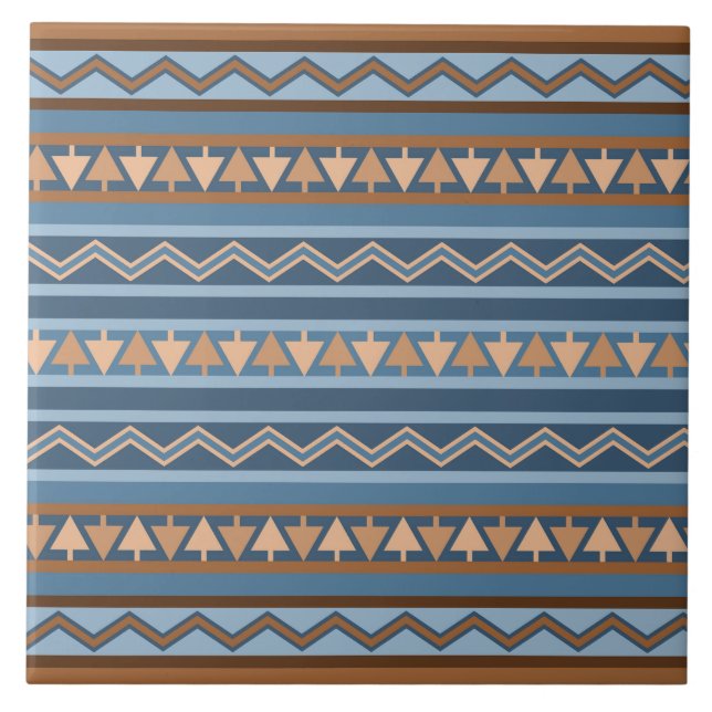 Southwest Style Blue and Brown Geometric Pattern Ceramic Tile (Front)