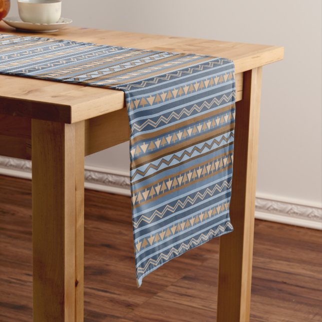 Southwest Style Blue and Brown Geometric Pattern Long Table Runner (In Situ)