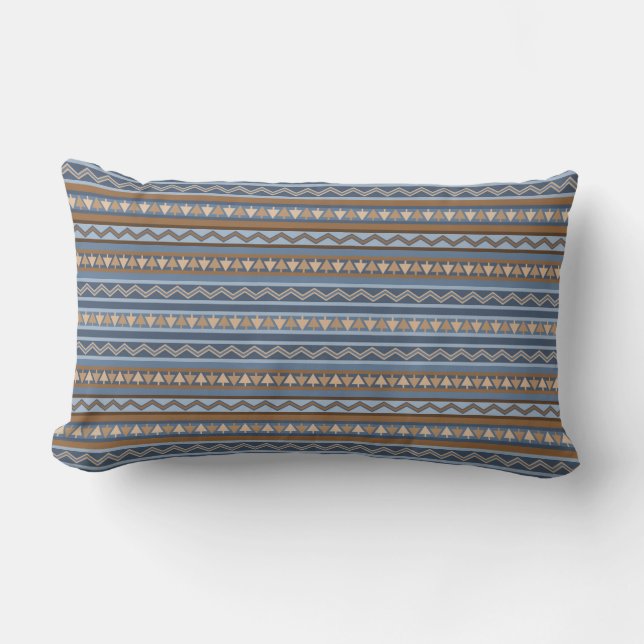 Southwest Style Blue and Brown Geometric Pattern Lumbar Cushion (Front)
