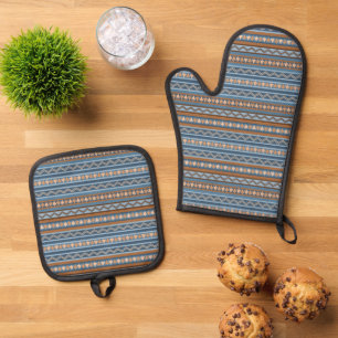 Southwest Style Blue and Brown Geometric Pattern Oven Mitt & Pot Holder Set