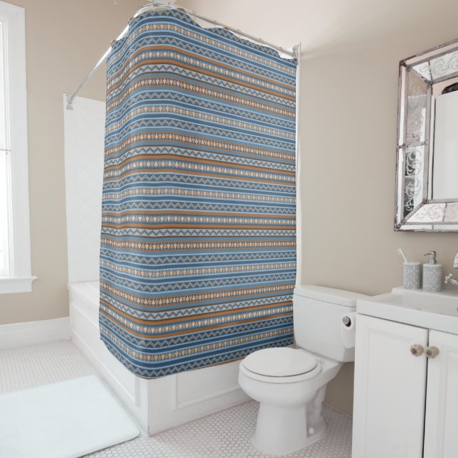 Southwest Style Blue and Brown Geometric Pattern Shower Curtain (In Situ)