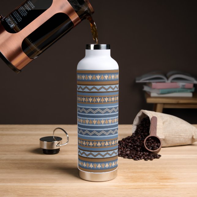 Southwest Style Blue and Brown Geometric Pattern Water Bottle (Coffee)