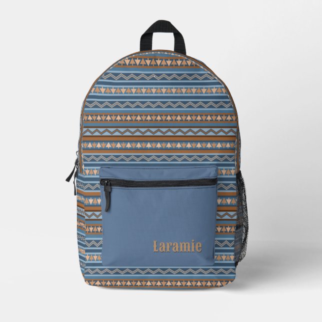 Southwest Style Blue Brown Geometric Personalised Printed Backpack (Front)