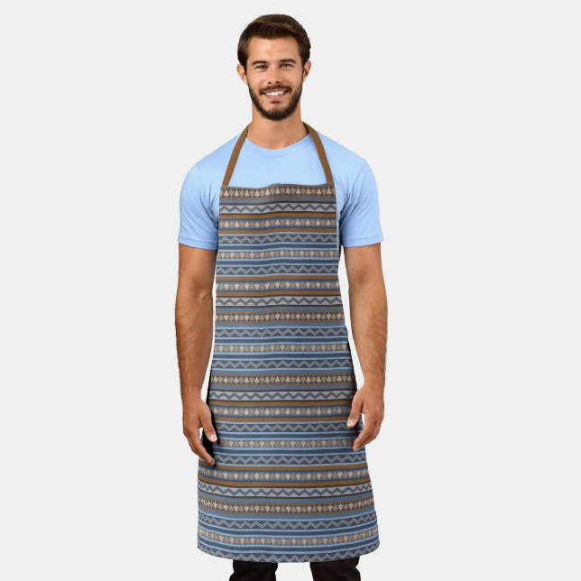 Southwest Style Blue & Tan Geometric Pattern Large Apron (Worn)