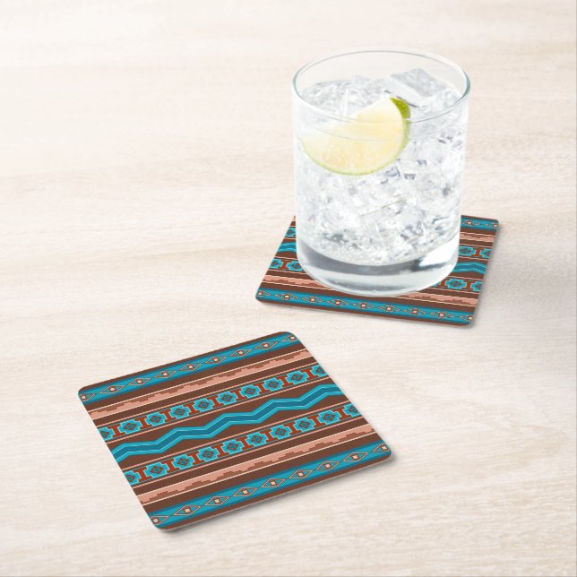 Southwest Style Geometric Cameron Gorge Design Square Paper Coaster (Insitu)
