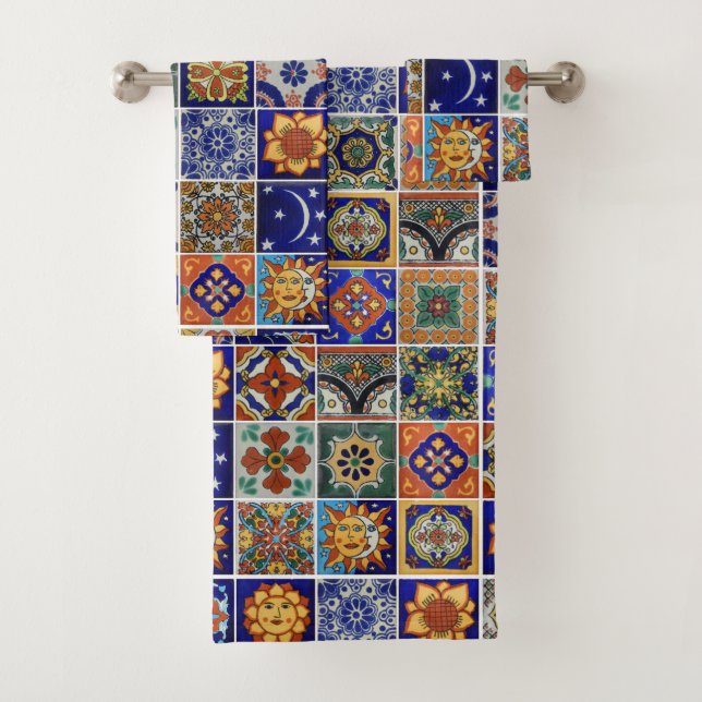 Southwest Style Talavera Tile Colourful Bathroom  Bath Towel Set (Insitu)