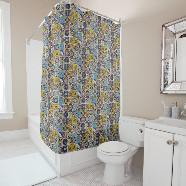 Southwest Style Talavera Tile Colourful Bathroom Shower Curtain (In Situ)