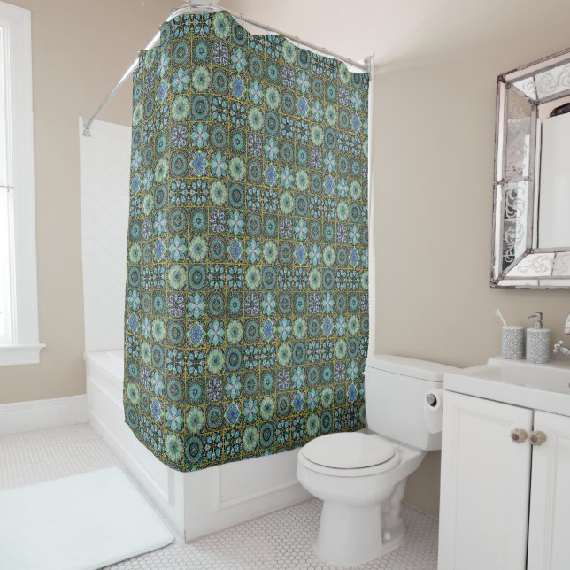 Southwest Style Talavera Tile Colourful Bathroom Shower Curtain (In Situ)