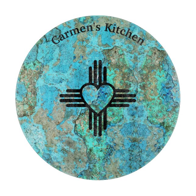 Southwest Style Zia Heart Turquoise New Mexico Cutting Board (Front)