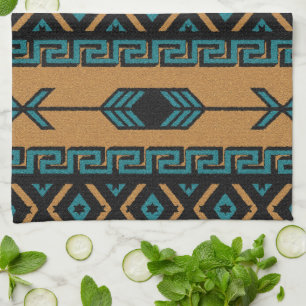 Southwest Tan And Turquoise Aztec Pattern Tea Towel