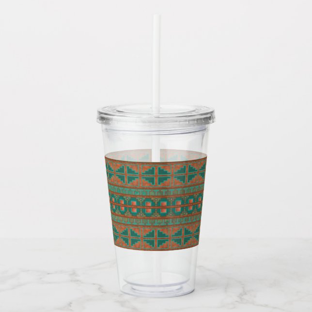 Southwest Teal Copper Colours Geometric Pattern Acrylic Tumbler (Front)