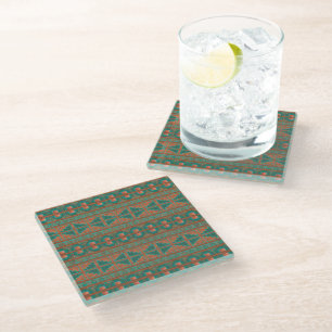 Southwest Teal Copper Colours Geometric Pattern Glass Coaster