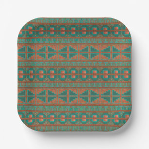 Southwest Teal Copper Colours Geometric Pattern Paper Plate