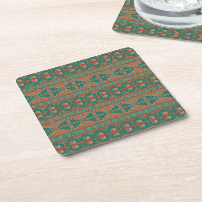 Southwest Teal Copper Colours Geometric Pattern Square Paper Coaster (Angled)