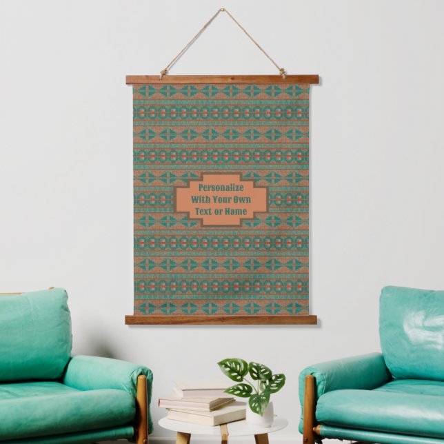Southwest Teal Copper Geometric Design Custom Hanging Tapestry (Living Room)