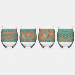 Southwest Teal Copper Javelinas and Geometric Set Stemless Wine Glass