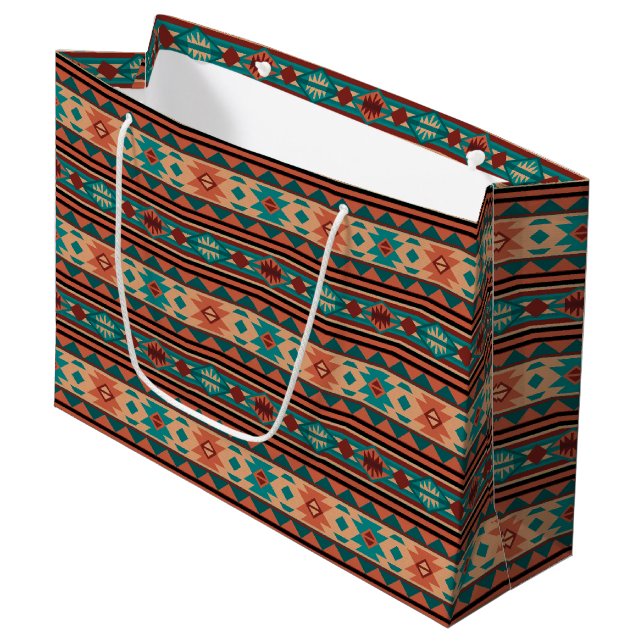 Southwest Tribal Pattern Turquoise Terracotta Large Gift Bag (Front Angled)