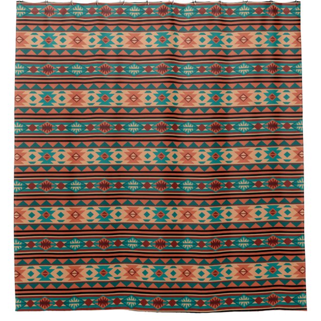 Southwest Tribal Pattern Turquoise Terracotta Shower Curtain (Front)