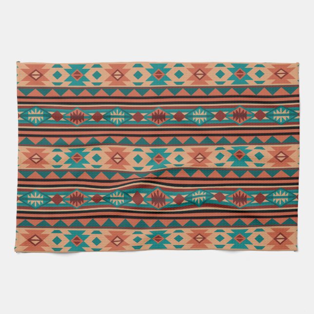 Southwest Tribal Pattern Turquoise Terracotta Tea Towel (Horizontal)