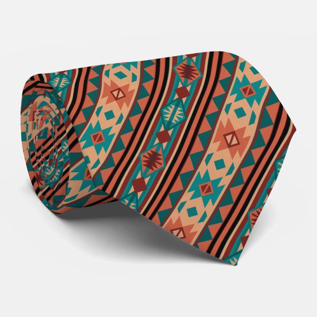 Southwest Tribal Pattern Turquoise Terracotta Tie (Rolled)