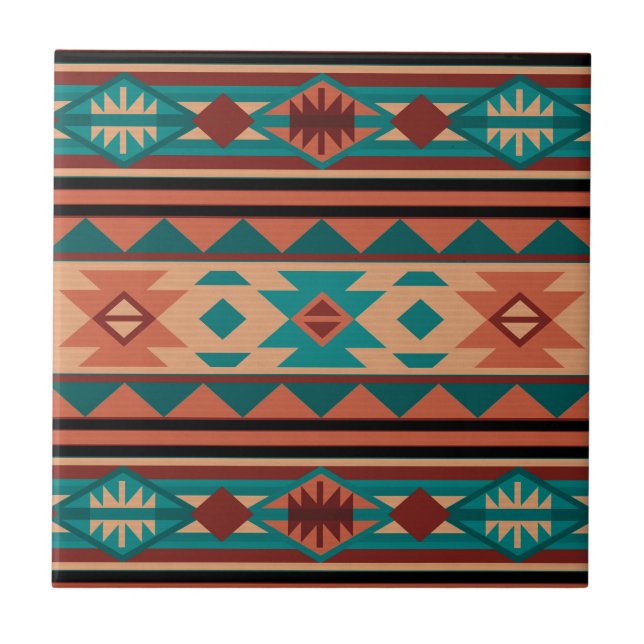 Southwest Tribal Pattern Turquoise Terracotta Tile (Front)