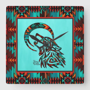 Southwest Tribal Wolf Square Wall Clock