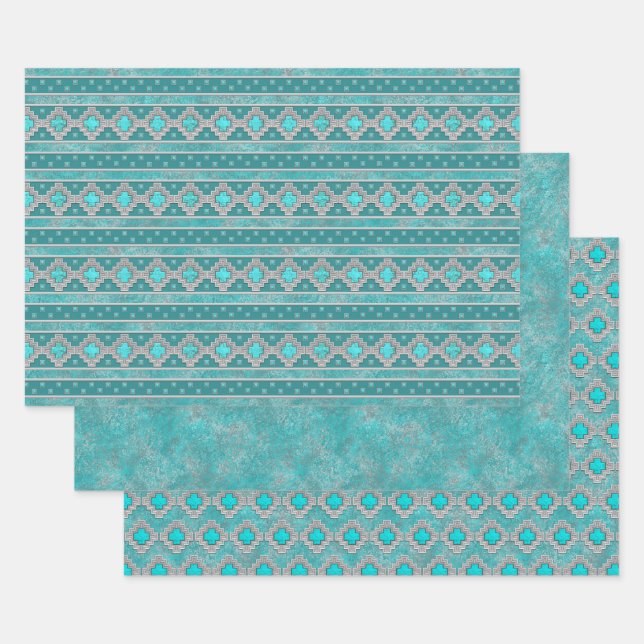 Southwest Turquoise Geometric Patterns Wrapping Paper Sheet (Set)