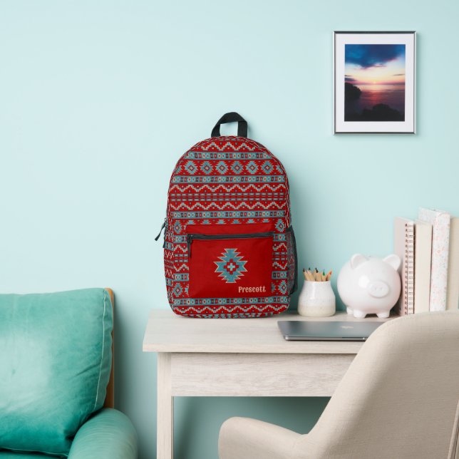 Southwest Turquoise & Red Geometric Monogram Printed Backpack (Insitu)