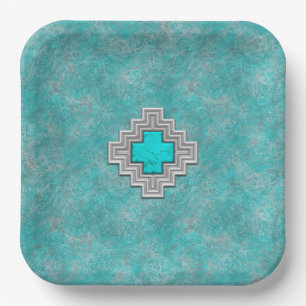 Southwest Turquoise Stone Geometric Design Paper Plate