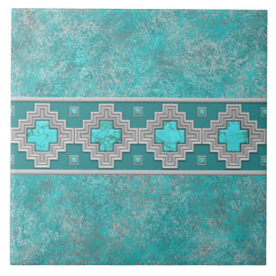 Southwest Turquoise Stone Geometric Pattern Ceramic Tile