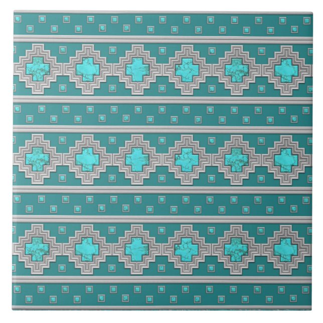 Southwest Turquoise Stone Geometric Pattern Ceramic Tile (Front)