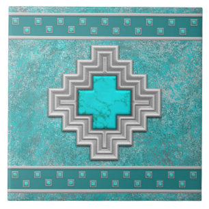 Southwest Turquoise Stone Geometric Pattern Ceramic Tile