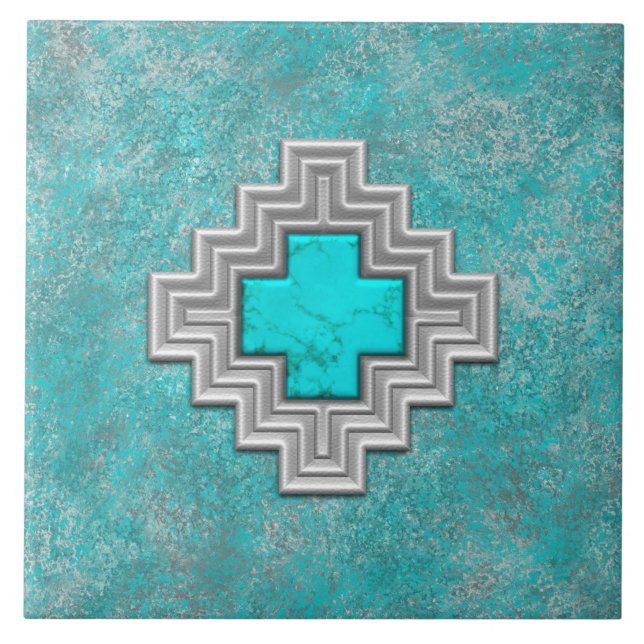 Southwest Turquoise Stone Geometric Pattern Ceramic Tile (Front)