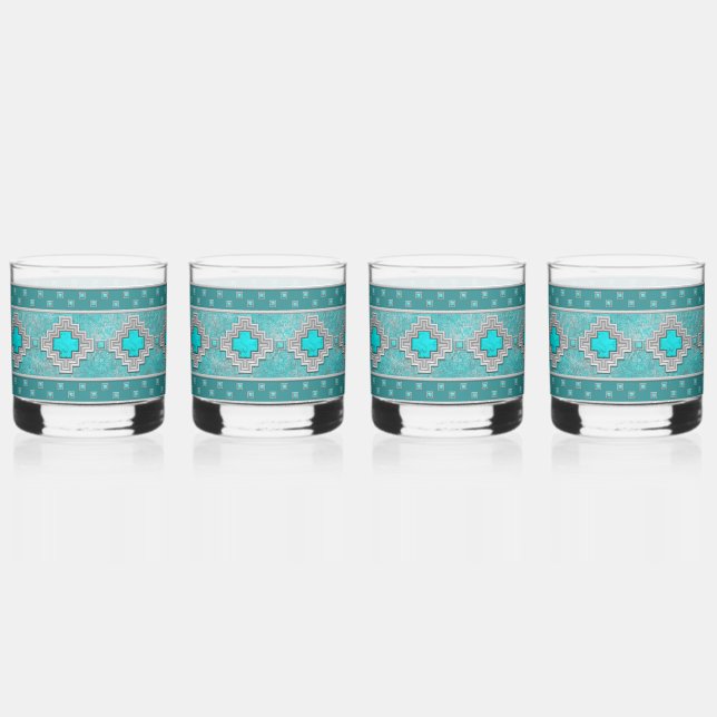 Southwest Turquoise Stone Geometric Pattern Whiskey Glass (Front)