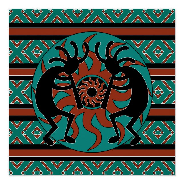 Southwest Turquoise Tribal Sun Kokopelli Poster (Front)