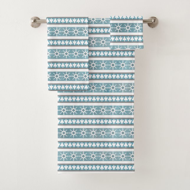 Southwest Winter Blue Geometric Snowflakes & Pines Bath Towel Set (Insitu)