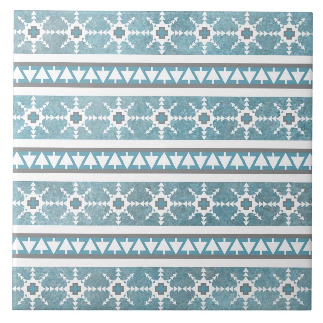 Southwest Winter Snowflake Pine Tree Blue Stripes Ceramic Tile (Front)