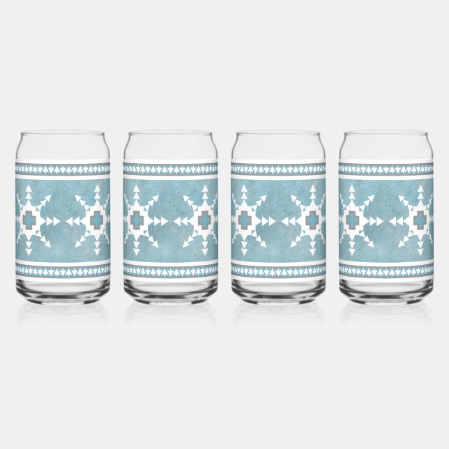 Southwest Winter Snowflakes Blue and White Can Glass (Front)