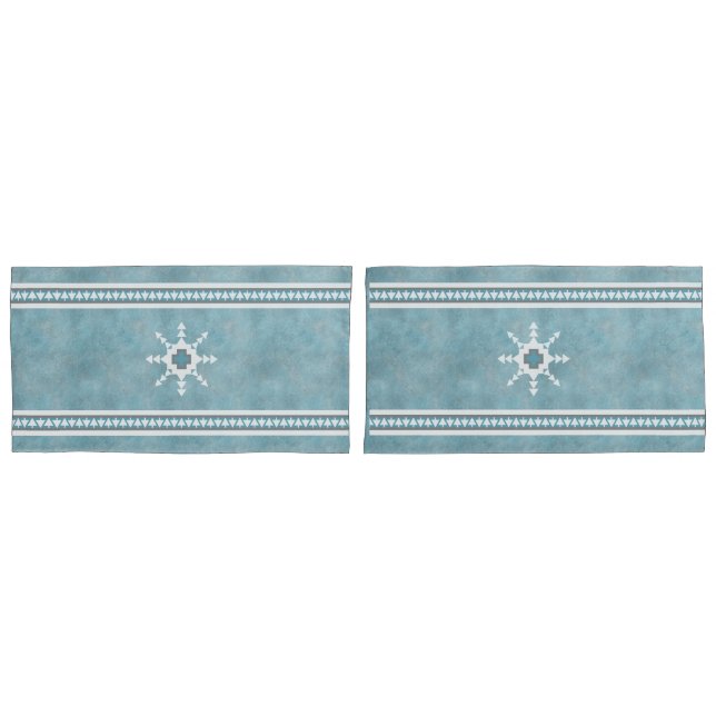 Southwest Winter Snowflakes & Pine Trees Blue Pillowcase (Front-Set)