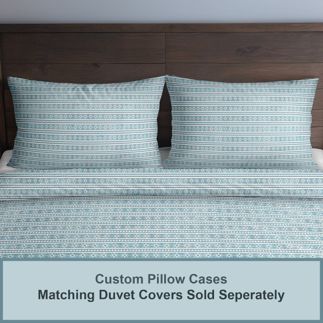 Southwest Winter Snowflakes & Pines Blue Standard Pillowcase (Southwest Winter Snowflakes and Pine Trees Customizable Geometric Striped Design)