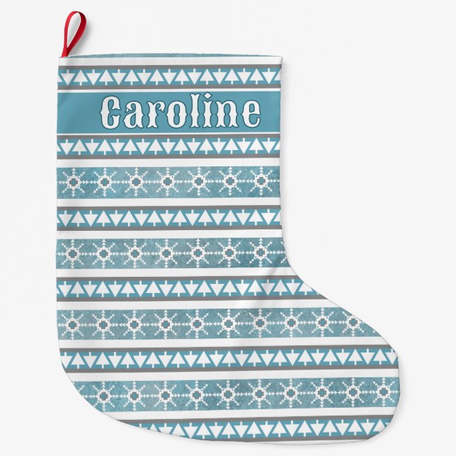 Southwest Winter Snowflakes Pines Personalised Large Christmas Stocking (Front)