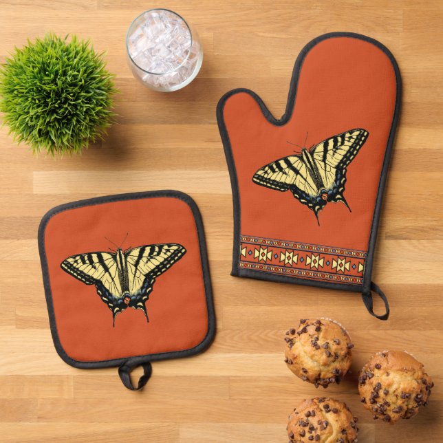 Southwest Yellow Swallowtail Butterfly Dk Orange Oven Mitt & Pot Holder Set (Top Down)