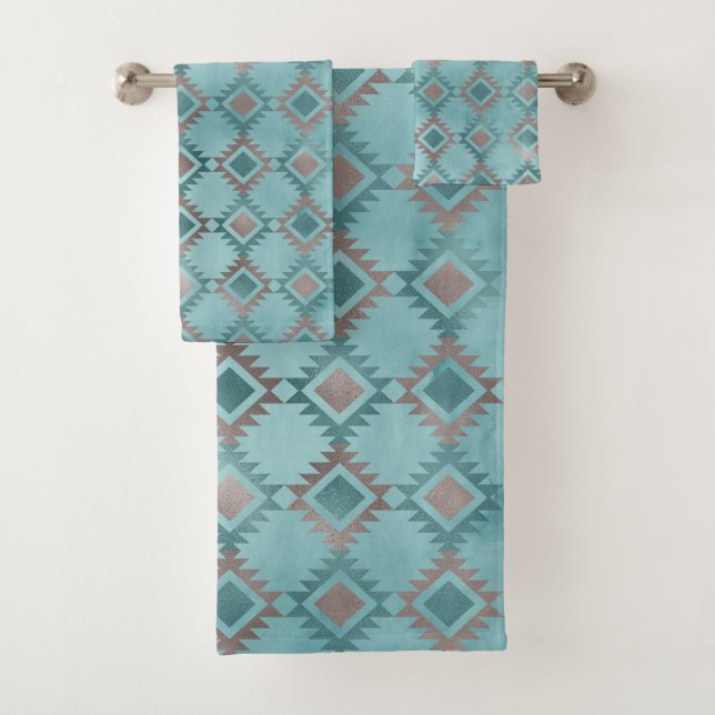 Southwestern Aztec Blue Gold Diamond Pattern Bath Towel Set (Insitu)