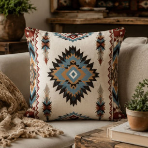 Southwestern Aztec Geometric Boho Blue, Rust & Cre Cushion